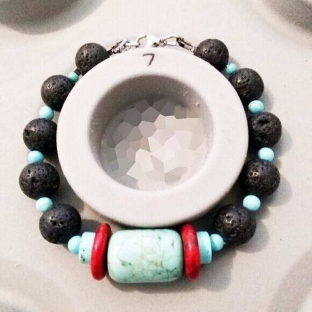 Uniquely Handmade! Red + Turquoise Howlite + Black Lava Rock Bracelet! 6.5-7" - Picture 4 of 9